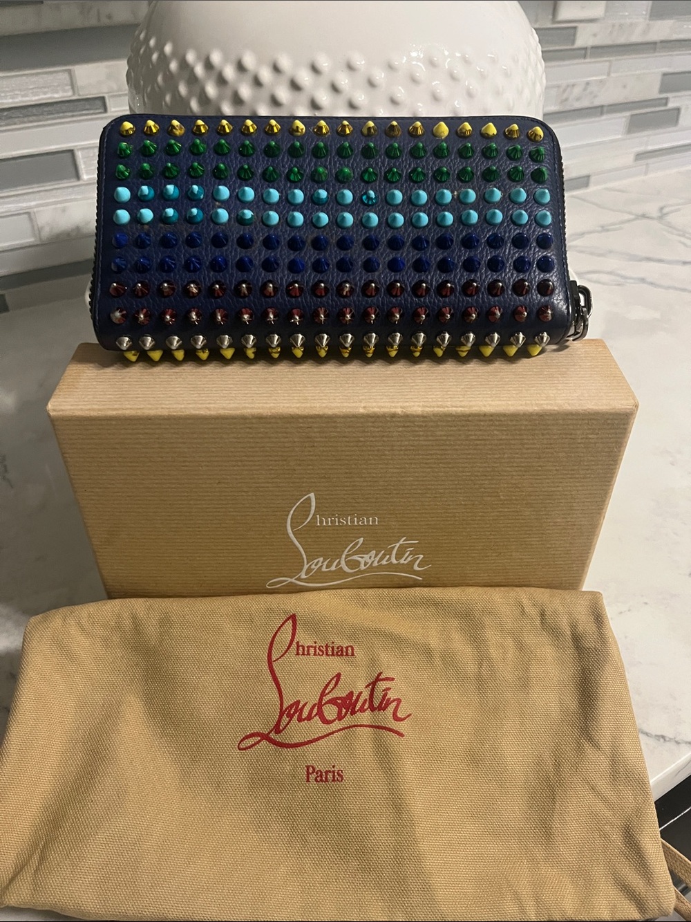 Christian Louboutin Navy Leather Zip Wallet with Multicolor Studs